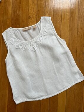 Kate Hill Casual Size S 100% Linen White Sleeveless U-Neck Tank Top Blouse
